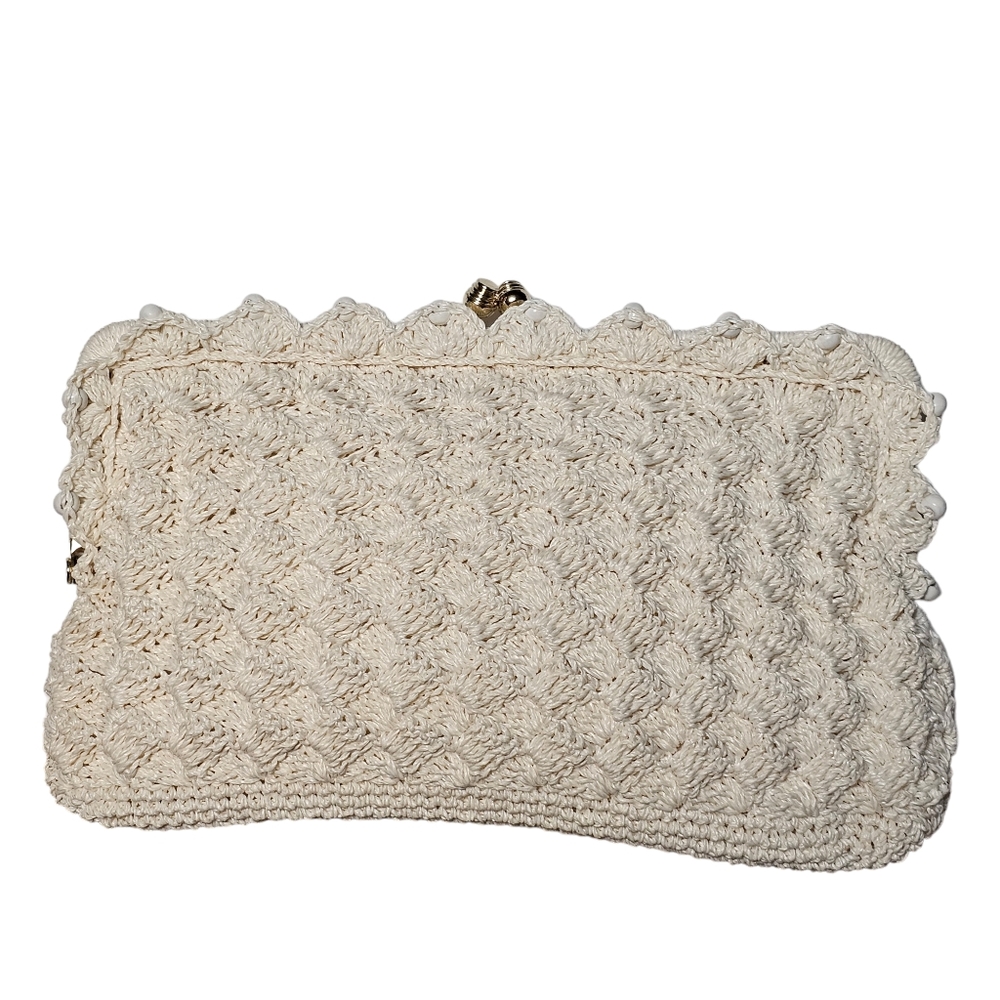 VTG Ivory Handmade Woven Crochet Beaded Handbag/Pouch/Clutch Kiss Lock Japan